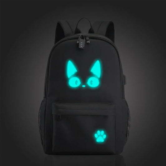 Sac à Dos Unisexe Collège Chat Noir Fluo Port USB