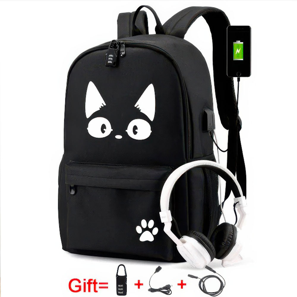 Sac à Dos Chat Collégiens Couleur Noir avec Port USB et Bretelles Coussin d'Air