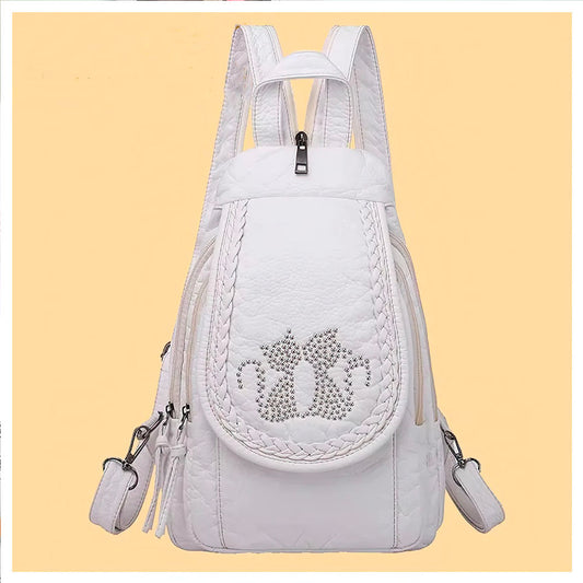 Sac à Dos Motif Chat Pour Femme en Cuir Véritable Blanc