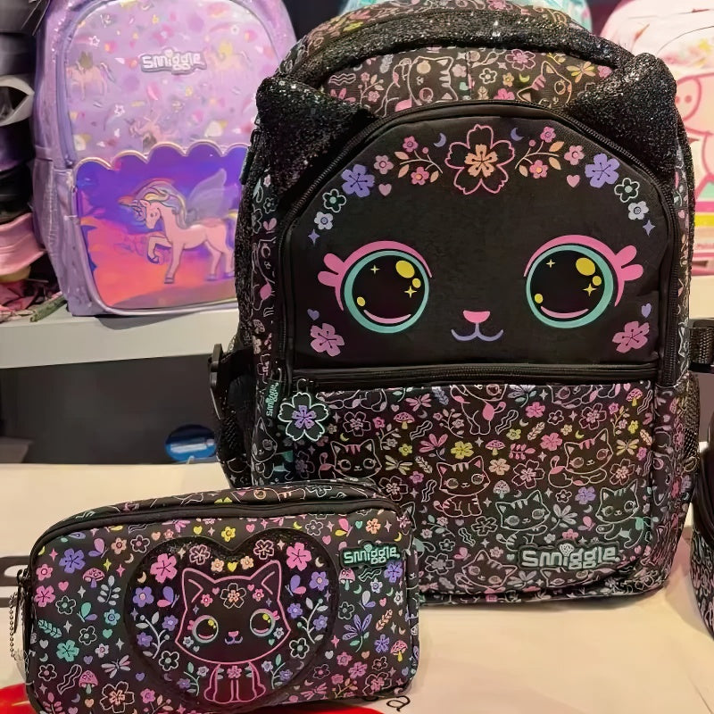 Sac à Dos pour Collégienne Motif Chat Mignon Ton Noir et Rose et Trousse Assortie