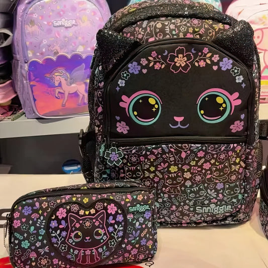 Sac à Dos pour Collégienne Motif Chat Mignon Ton Noir et Rose et Trousse Assortie