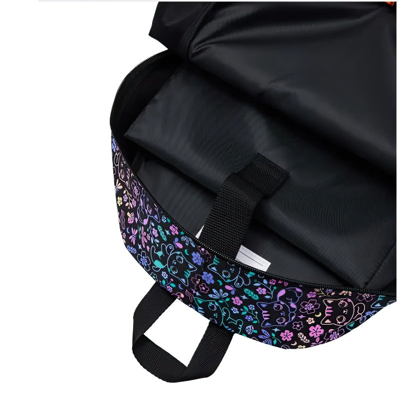 Sac à Dos Collégiennes Motifs Chat et Fleurs Ton Noir Rose de Qualité