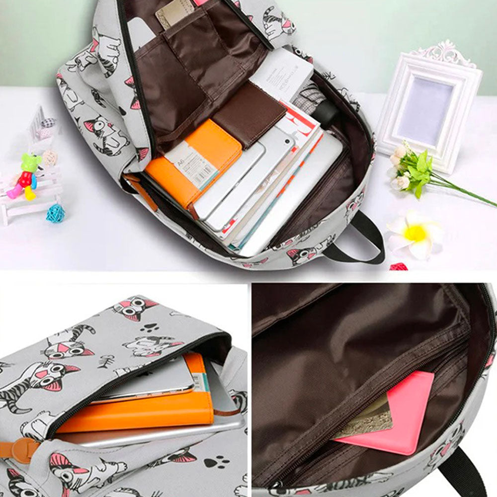 Sac Collégienne à Dos ou Voyage, Chats Style Cartoon Gris et Rose Multipoches