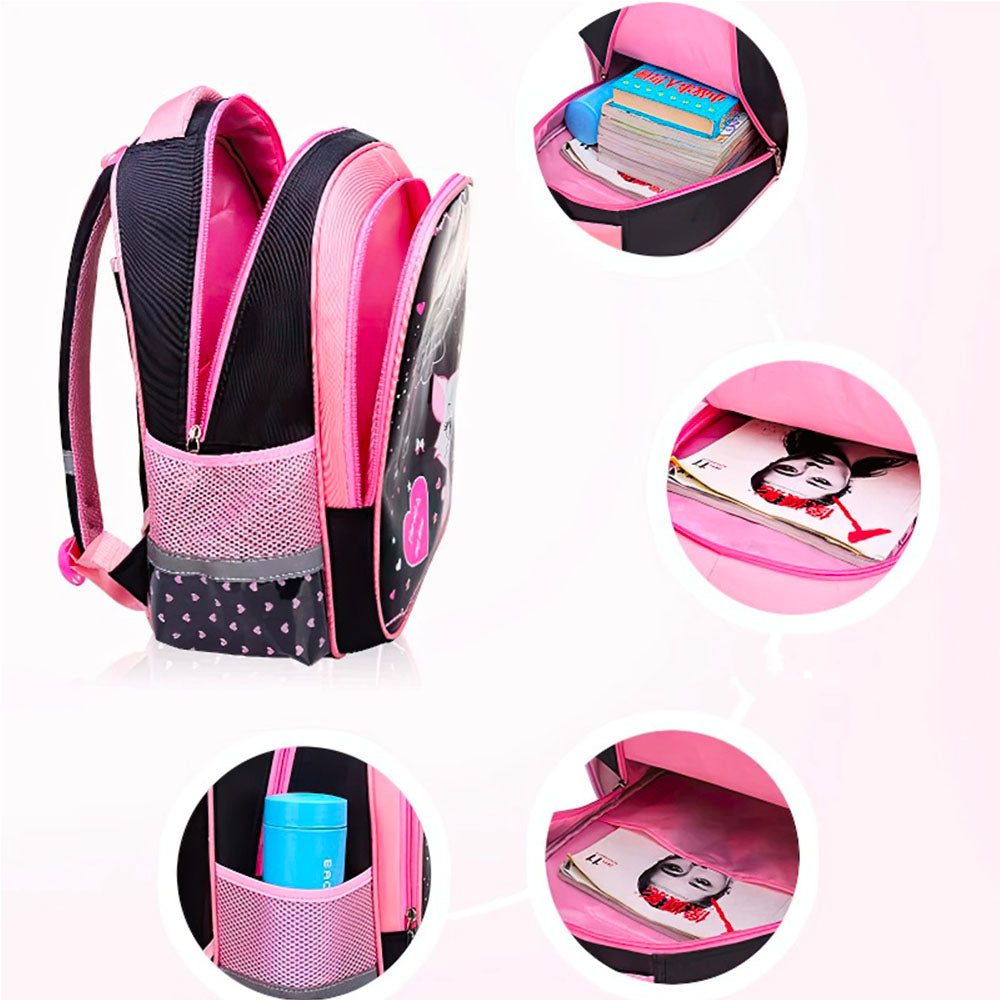 Sac à Dos Fillette Motif Chat Plusieurs Poches Rose et Noir Ecole et Sorties