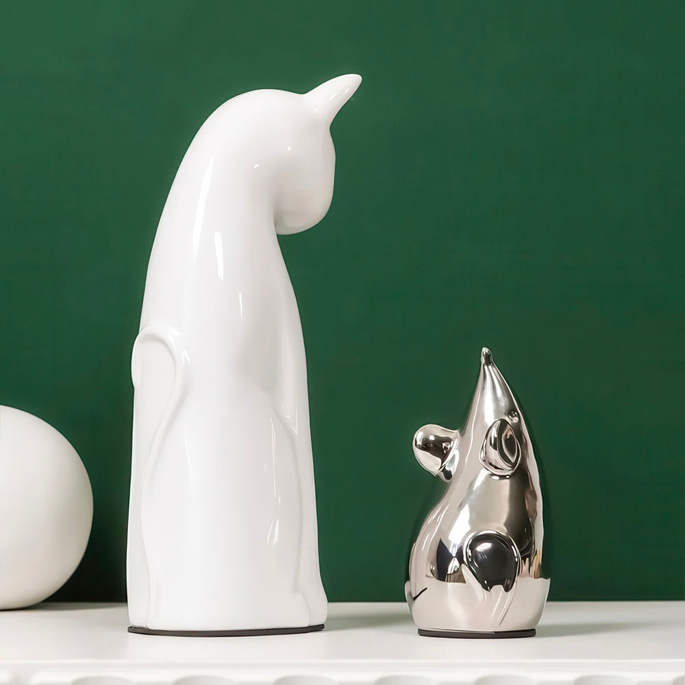 Statues Chat et Souris en Céramique avec Dorures sur la Souris Argentée