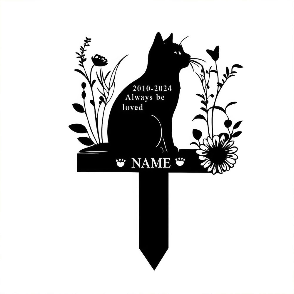 Statue en métal noir de chat pour tombe personnalisable et fleurs