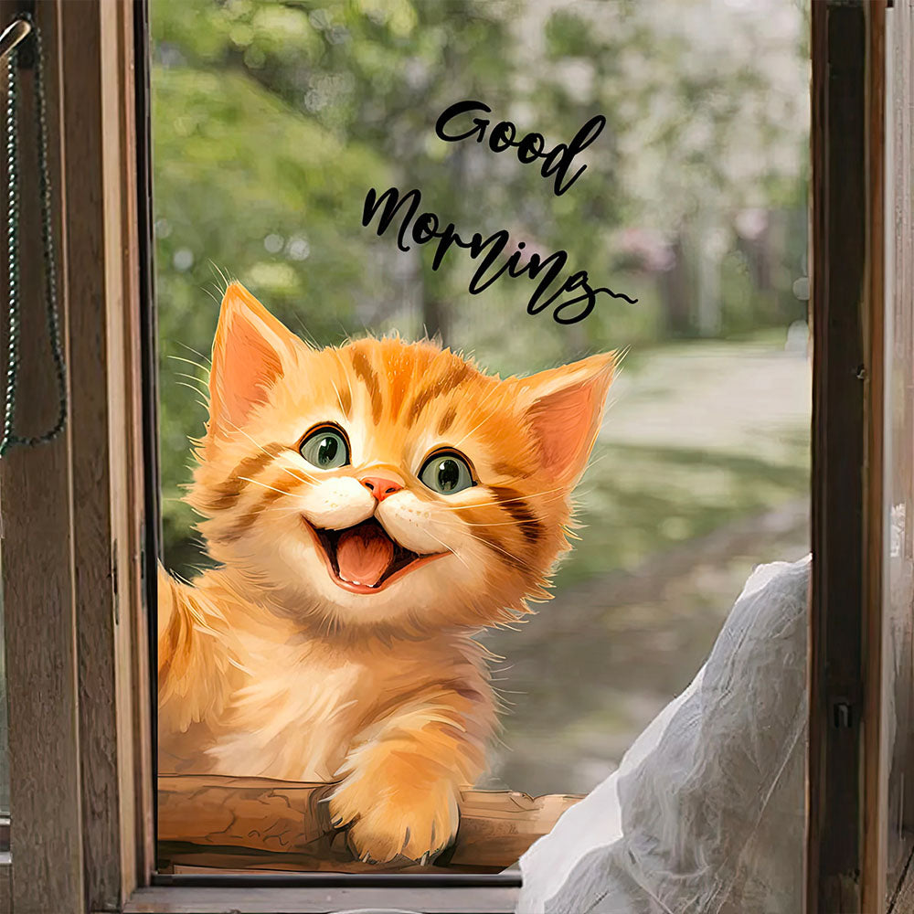 Sticker Chaton Roux 3D Souriant pour Fenêtres