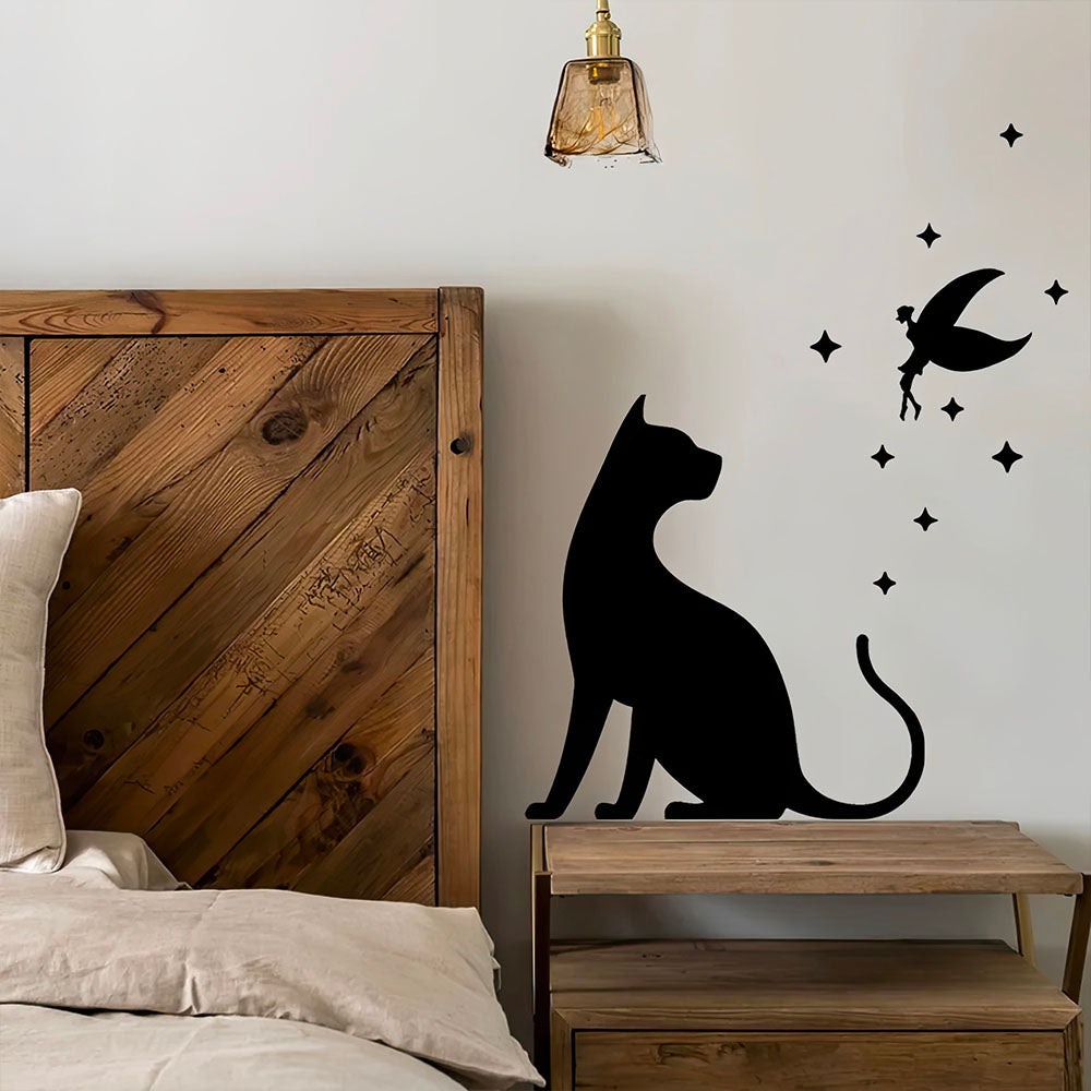 Silhouette Chat et Envolée d'Etourneaux Stickers Noir