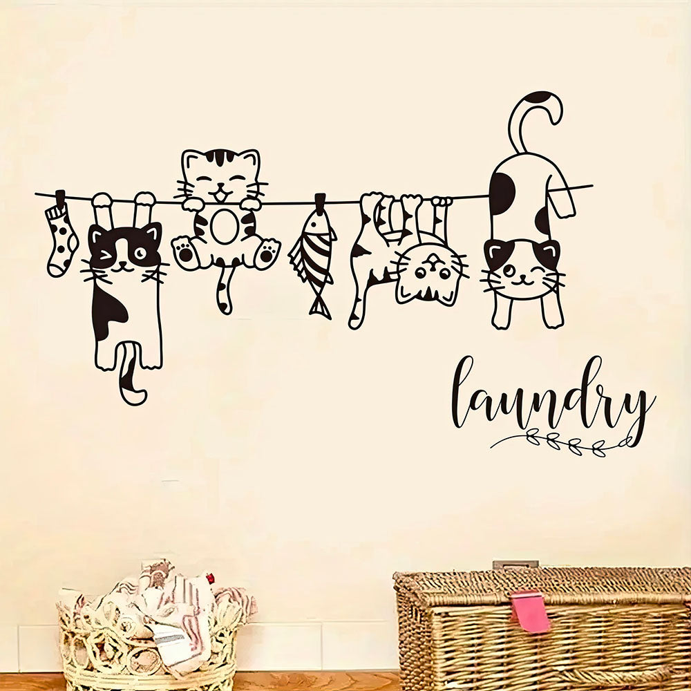 Chats Noirs et Blancs Sticker Style Cartoon Joueurs sur une Corde à Linge