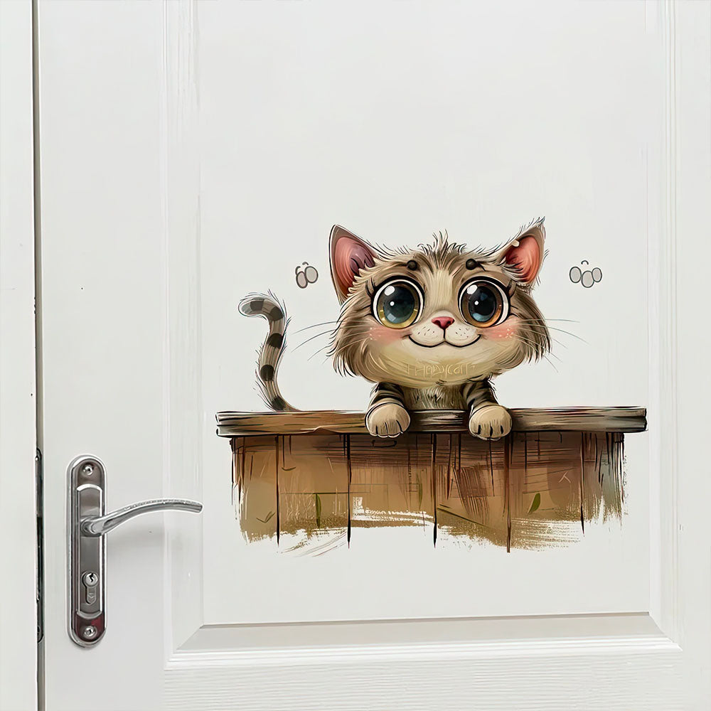 Chat Heureux de Dessin Animé Autocollant sur une porte