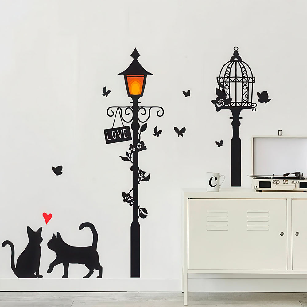Chats Noirs avec Coeur et Oiseaux sous Lampadaire Stickers