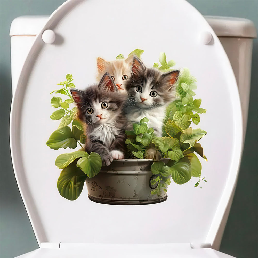 Sticker de Trois Magnifiques Chatons dans un Pot de Plantes Vertes pour WC