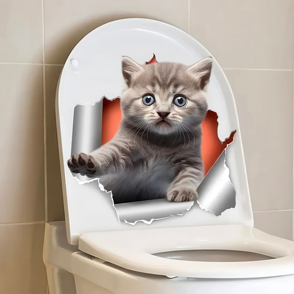 Petit Chat Gris Sortant de l'Abattant Toilette Autocollant 3D