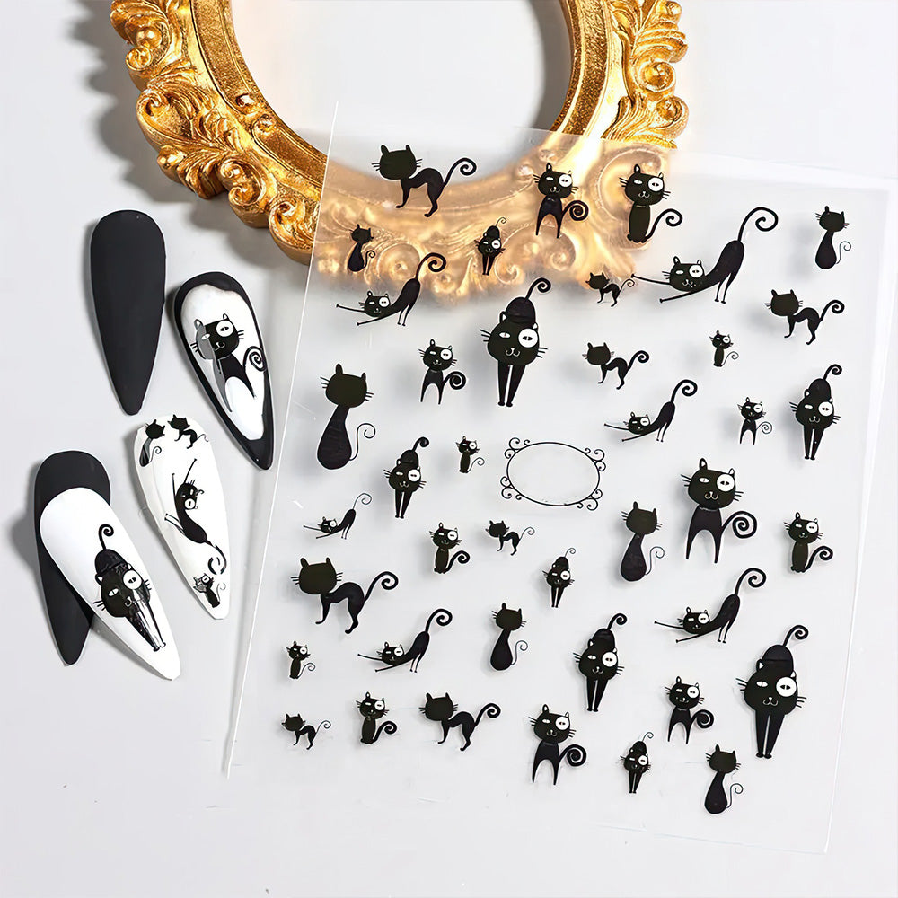 Autocollants Manucure Chats Noirs et Argent pour les Ongles