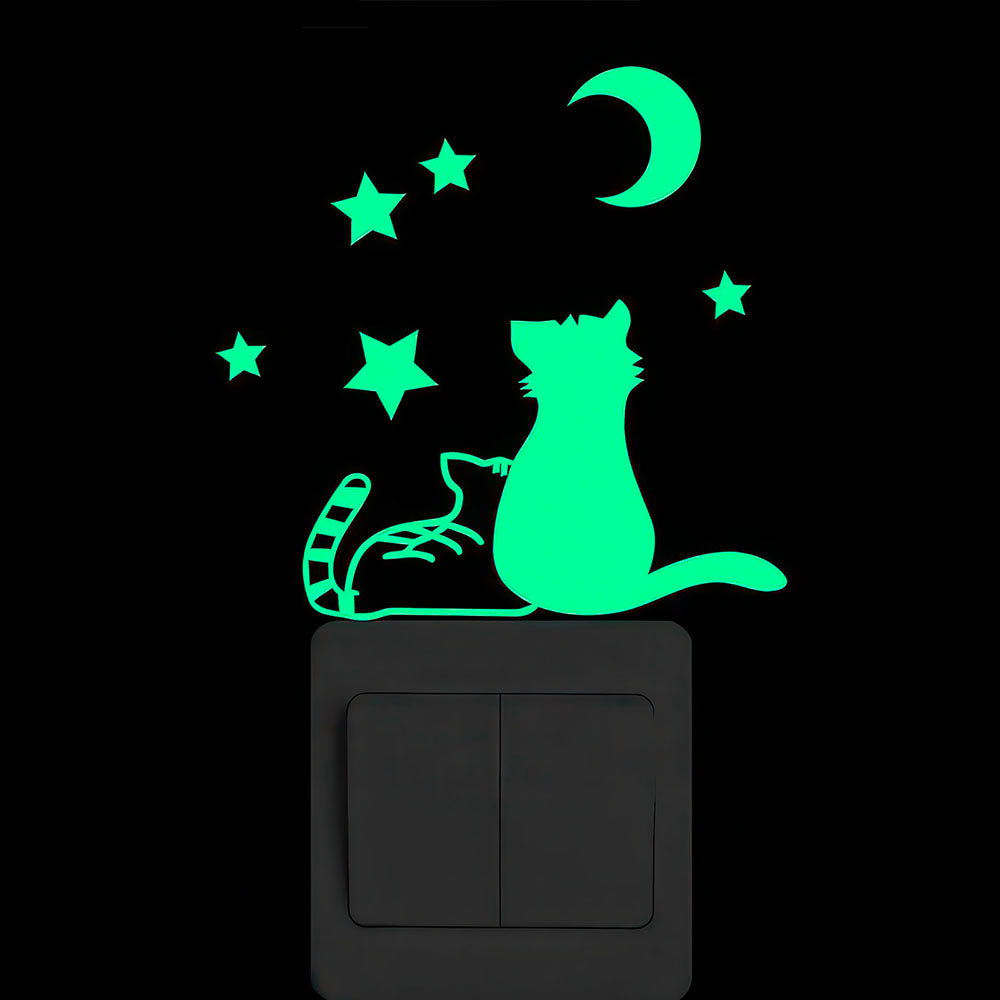 Chats Lune et Etoiles pour Interrupteurs Autocollant Ludiques Fluo