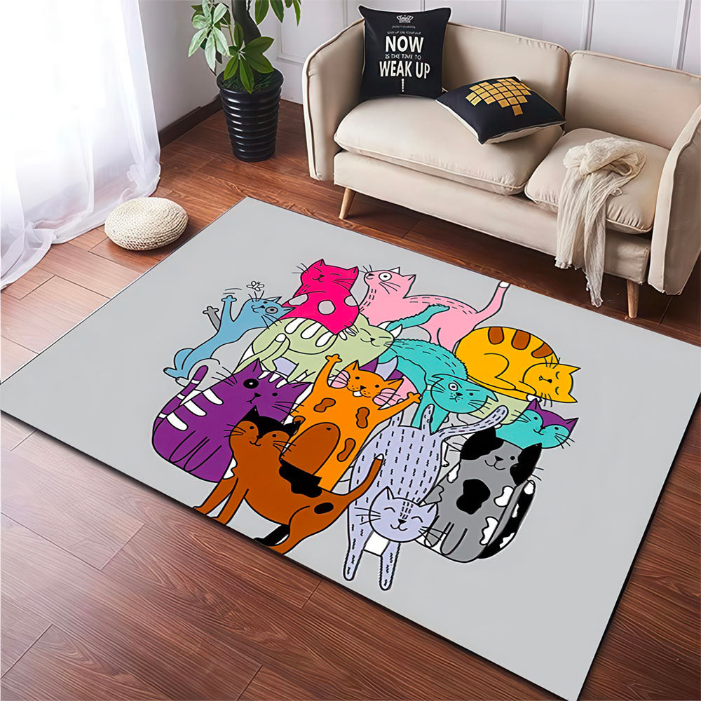 Tapis Antidérapant, Motifs Chats Cartoon en Couleur sur Fond Gris