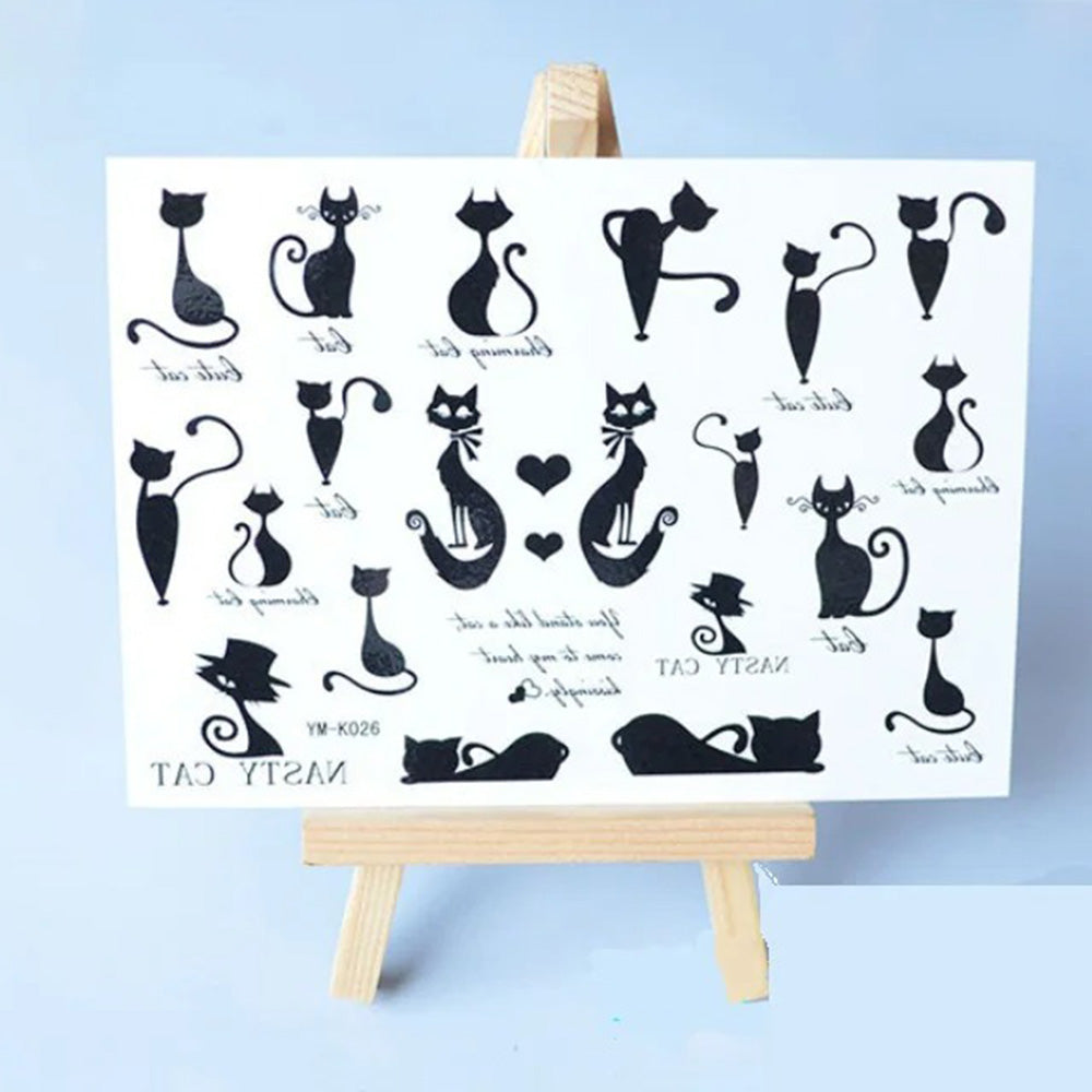 Planche de Chats Noirs Amour Design et Deux Coeurs pour Tatouage Temporaire