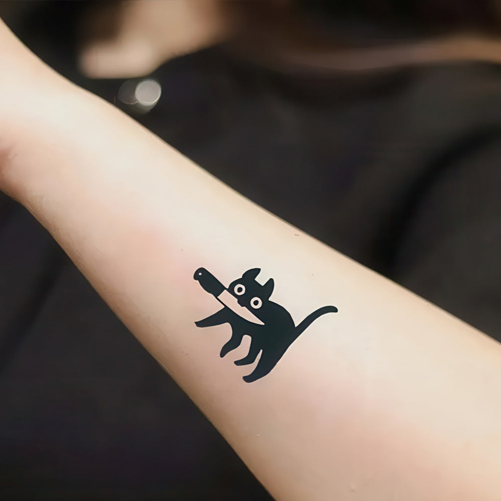 Tatoue-Temporaire-Chat-Noir-avec-un-Couteau-dans-sa-Bouche