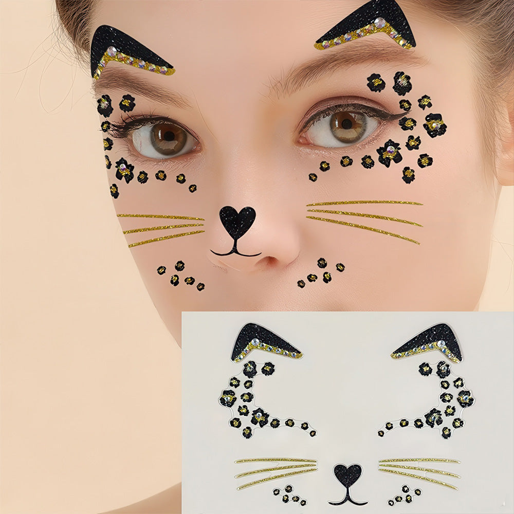 Tatouage Masque de Chat Strass et Paillettes Nez Coeur