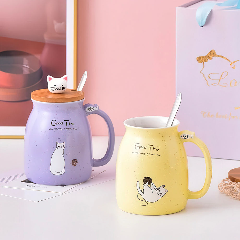 Mug Haut Motif Chat et Tête de Chaton sur le Couvercle en Bois et Cuillère