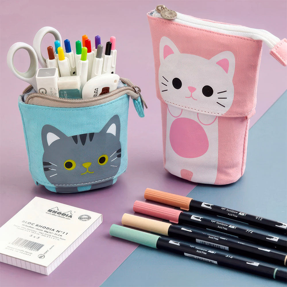 Trousse Motif Chat Télescopique pour Enfant en Tissu Bleue ou Rose