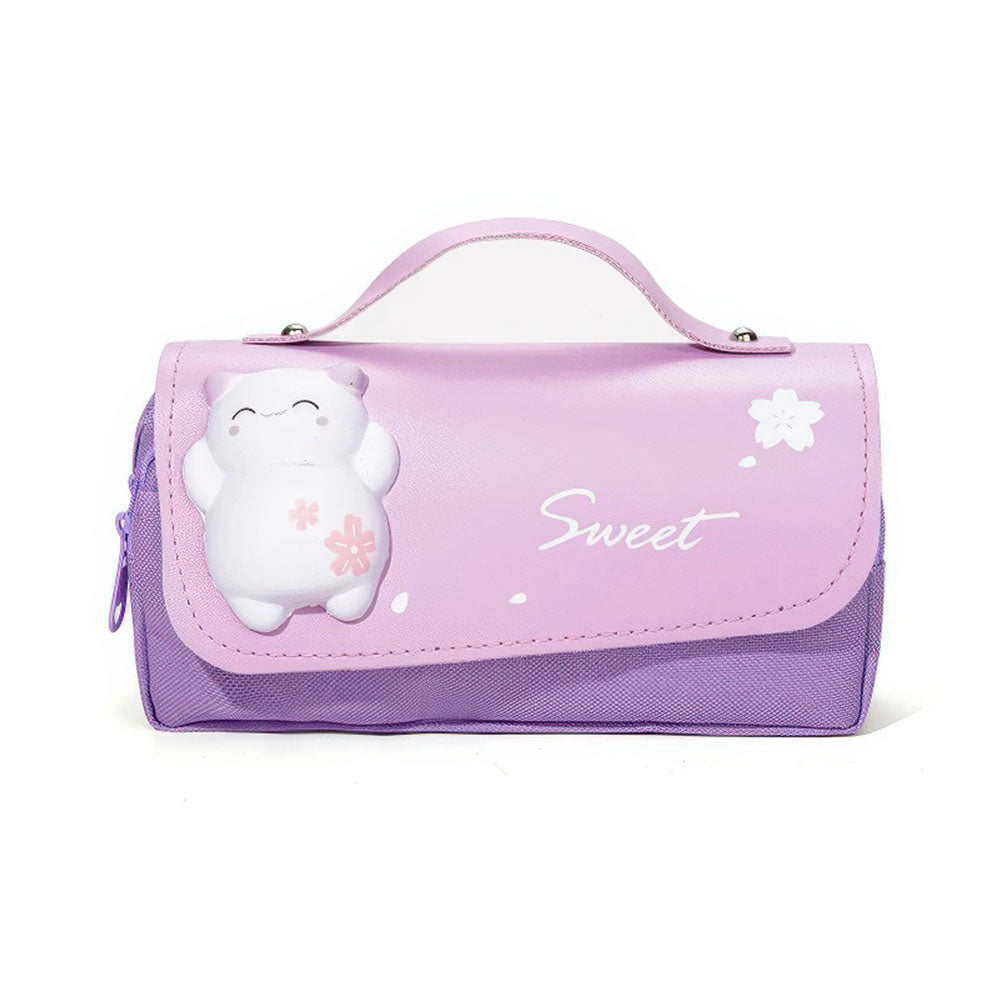 Trousse Ecolière Violette Chaton en Relief Grande Contenance