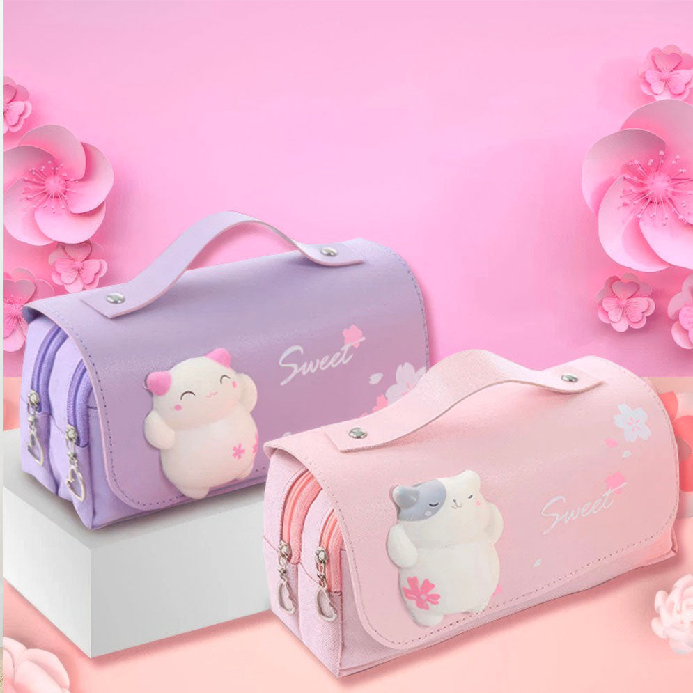 Trousses scolaires Fillettes Chaton en relief Deux Compartiments Bleue, Rose