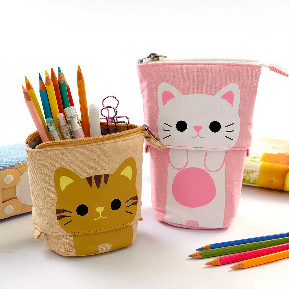 Trousse Scolaire Motif Chaton pour Enfant en Tissu et Télescopique Rose ou Jaune