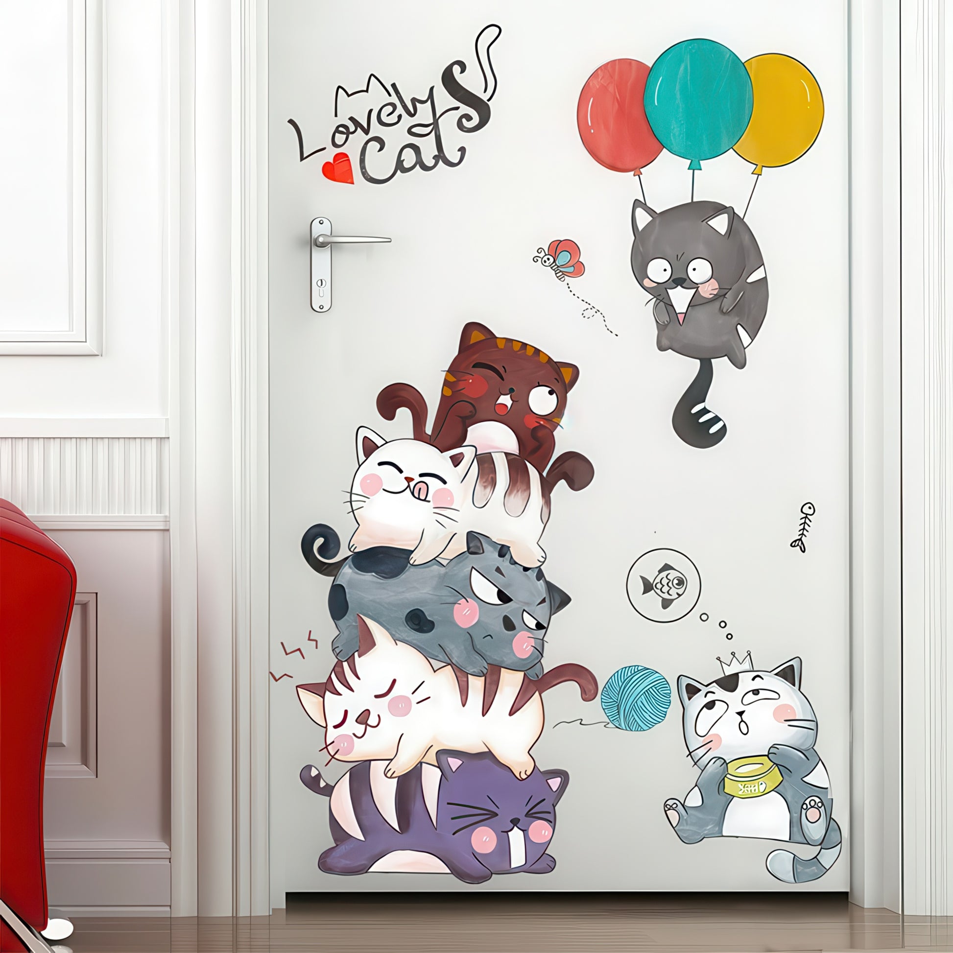Chatons Espiègles Empilés et Ballons pour Chambre d'Enfant Stickers