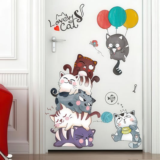 Chatons Espiègles Empilés et Ballons pour Chambre d'Enfant Stickers