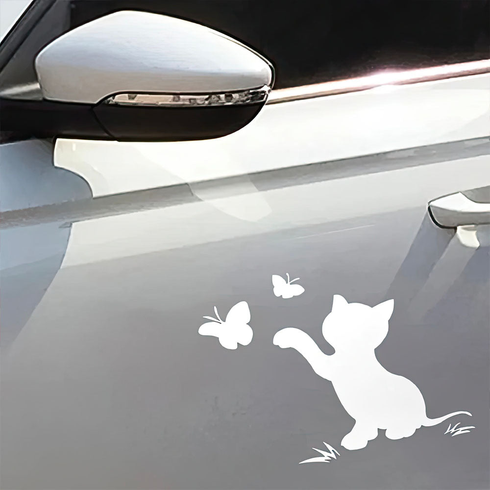Chaton Kawaii Blanc sur Portière et Papillons Autocollant