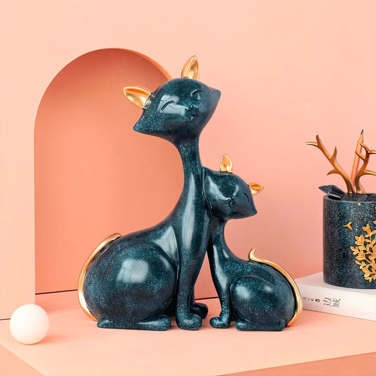 Maman Chat et son Enfant Statue Bleu Chiné Détails Dorés