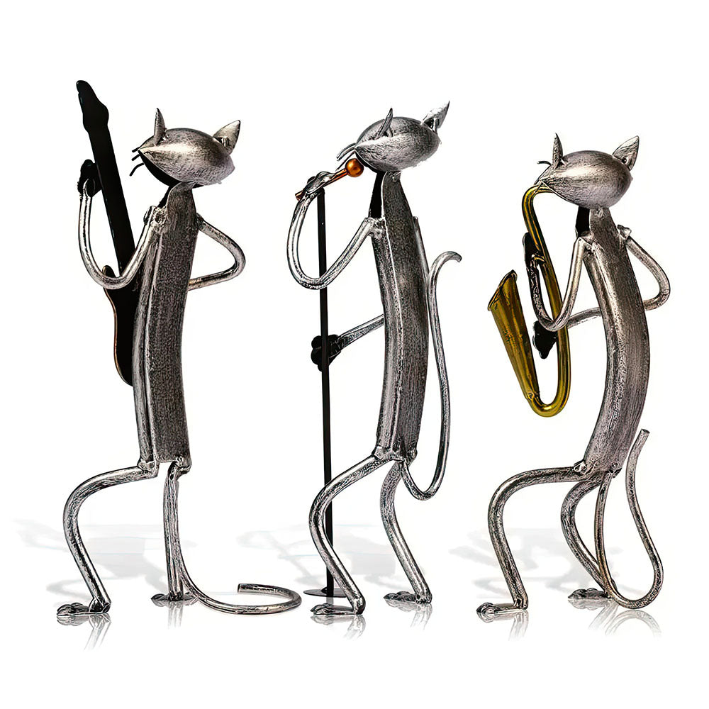Groupe Trois Chat Musiciens Statues en Métal Saxo Guitare et Chant