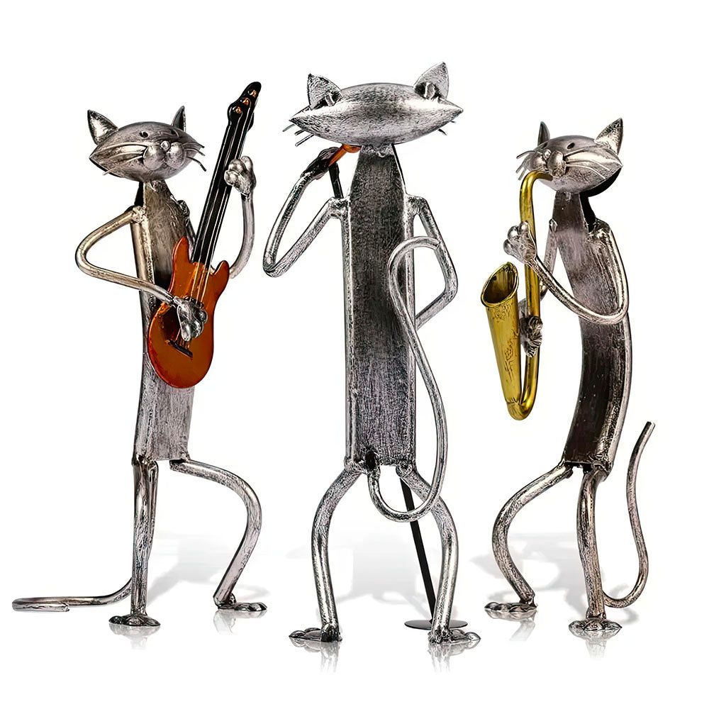 Statues Trio de Chat Musiciens en Fer Forgé