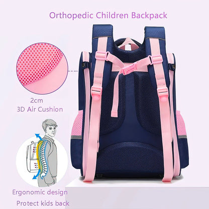 Sac à Dos Fillette Rose Bleu Ergonomique Coussins d'Air Motif Chat