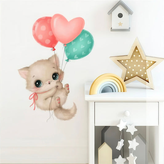 Chat Mignon Ballons Roses Bleus  Bébé Sticker 