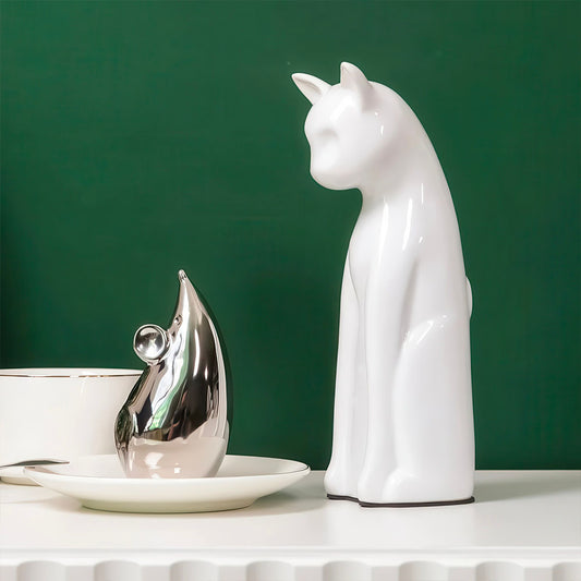 Duo de Chat Blanc et Souris Argentée Statues Céramique   