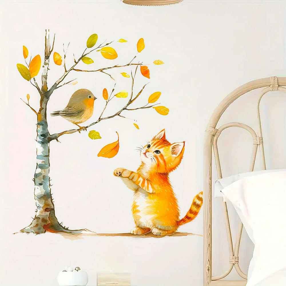 Sticker Chaton Roux Joueur et Oiseau dans un Arbre en Automne