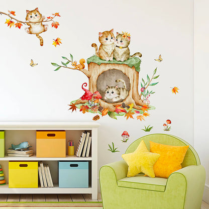 Chats Mignons sur Souche d'Arbre, Ecureuil Feuilles d'Automne Stickers