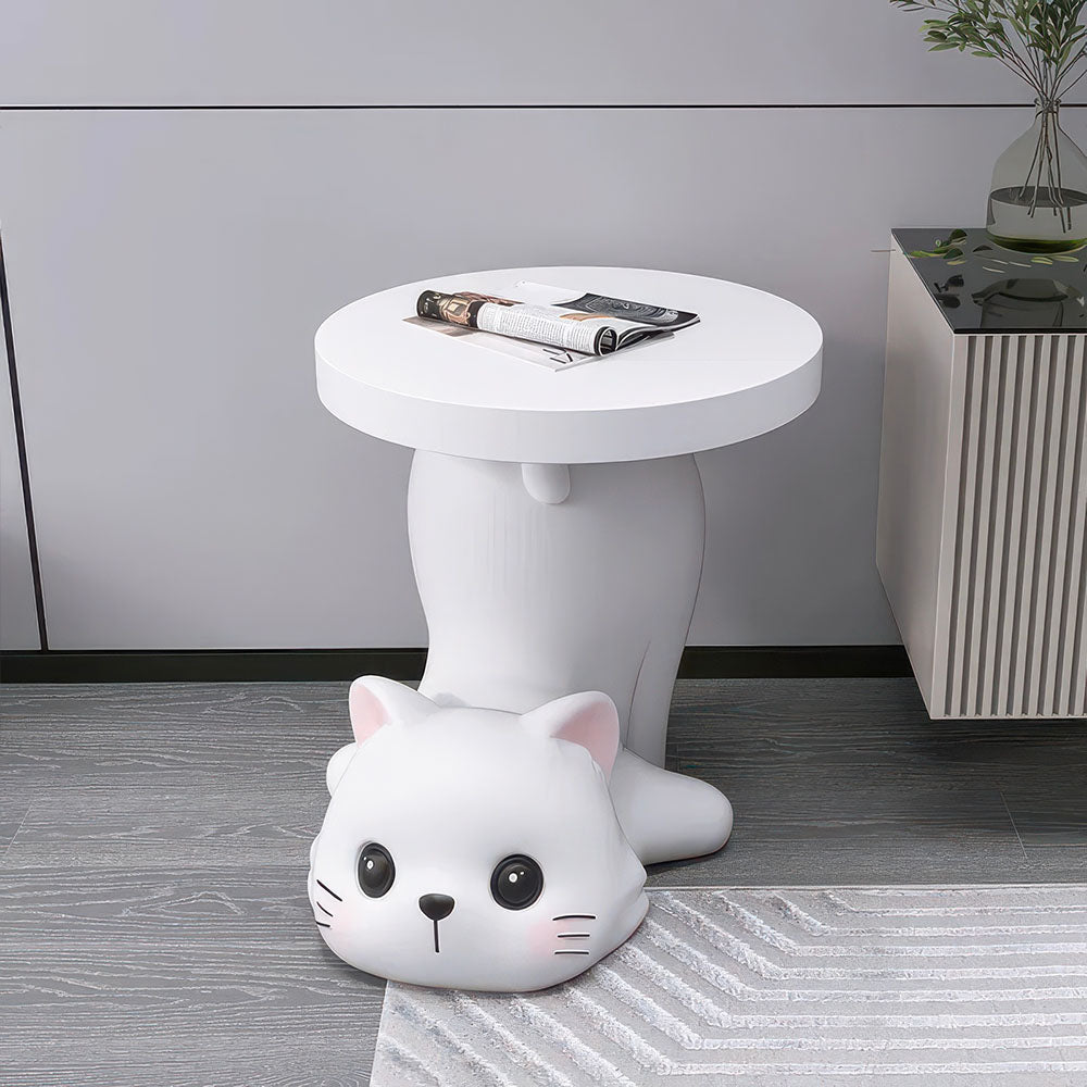 Chat Mignon Blanc Statue avec Plateau de Rangement en Résine