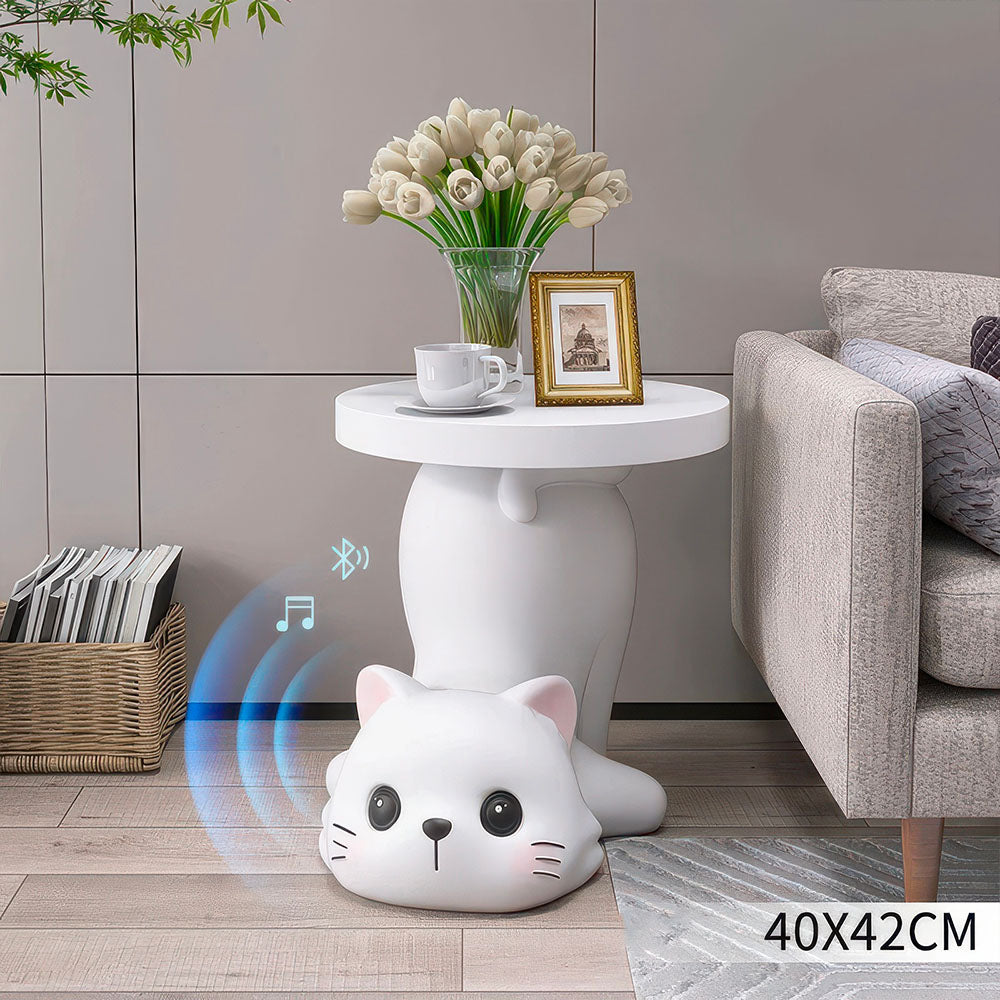 Statue en Table d'Appoint en Résine Chat Adorable Blanc Audio