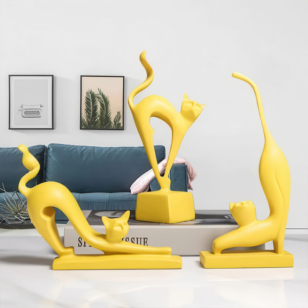 Statues de Décoration Chats Jaunes Stylisées et Fines en Résine 
