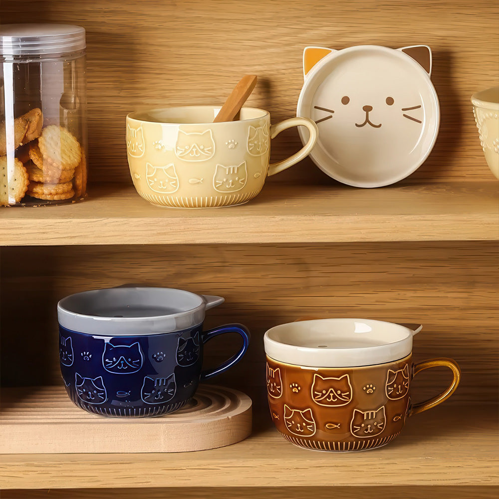 Mug avec Couvercle Japonais Motif Chat et son Plateau de Présentation