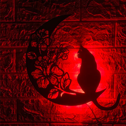 Lampe Led Multicolore Chat sur Lune en Bois de Tilleul Couleur Rouge