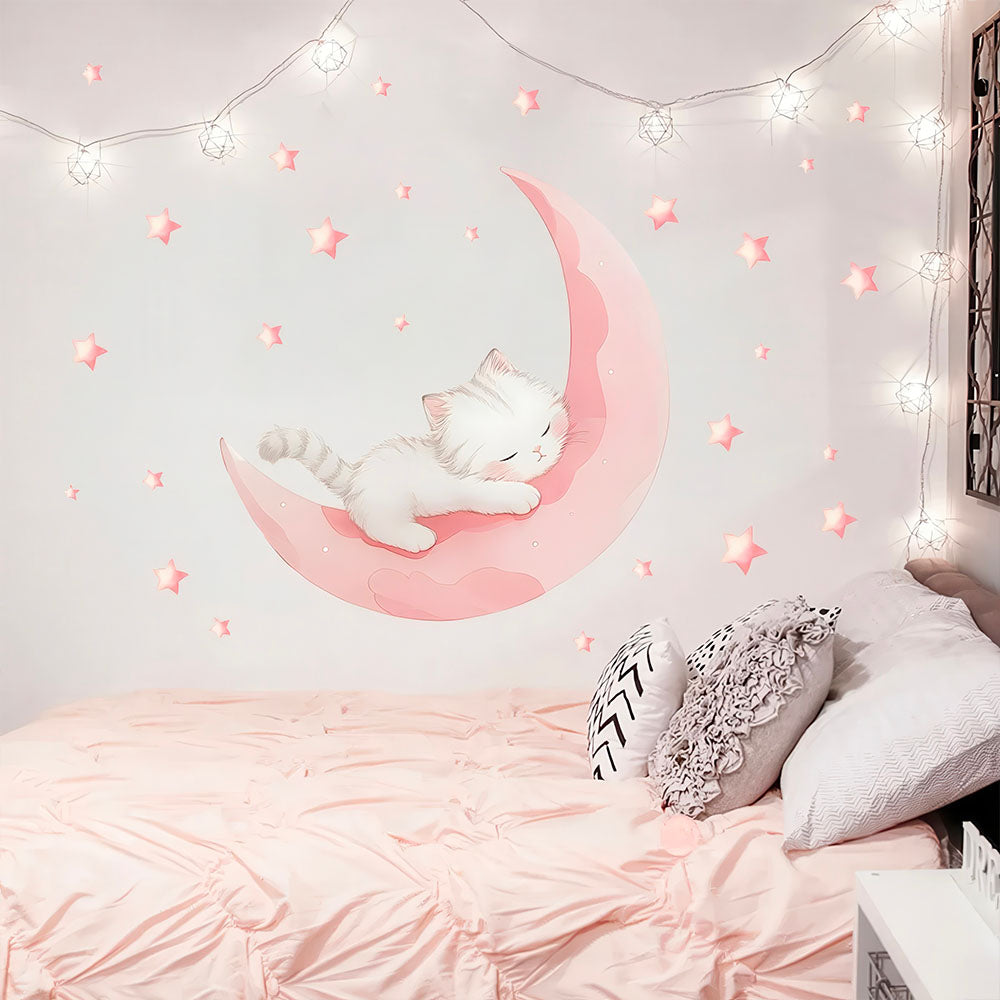 Stickers Chaton Blanc sur Croissant de Lune Rose Chambre Fillette 