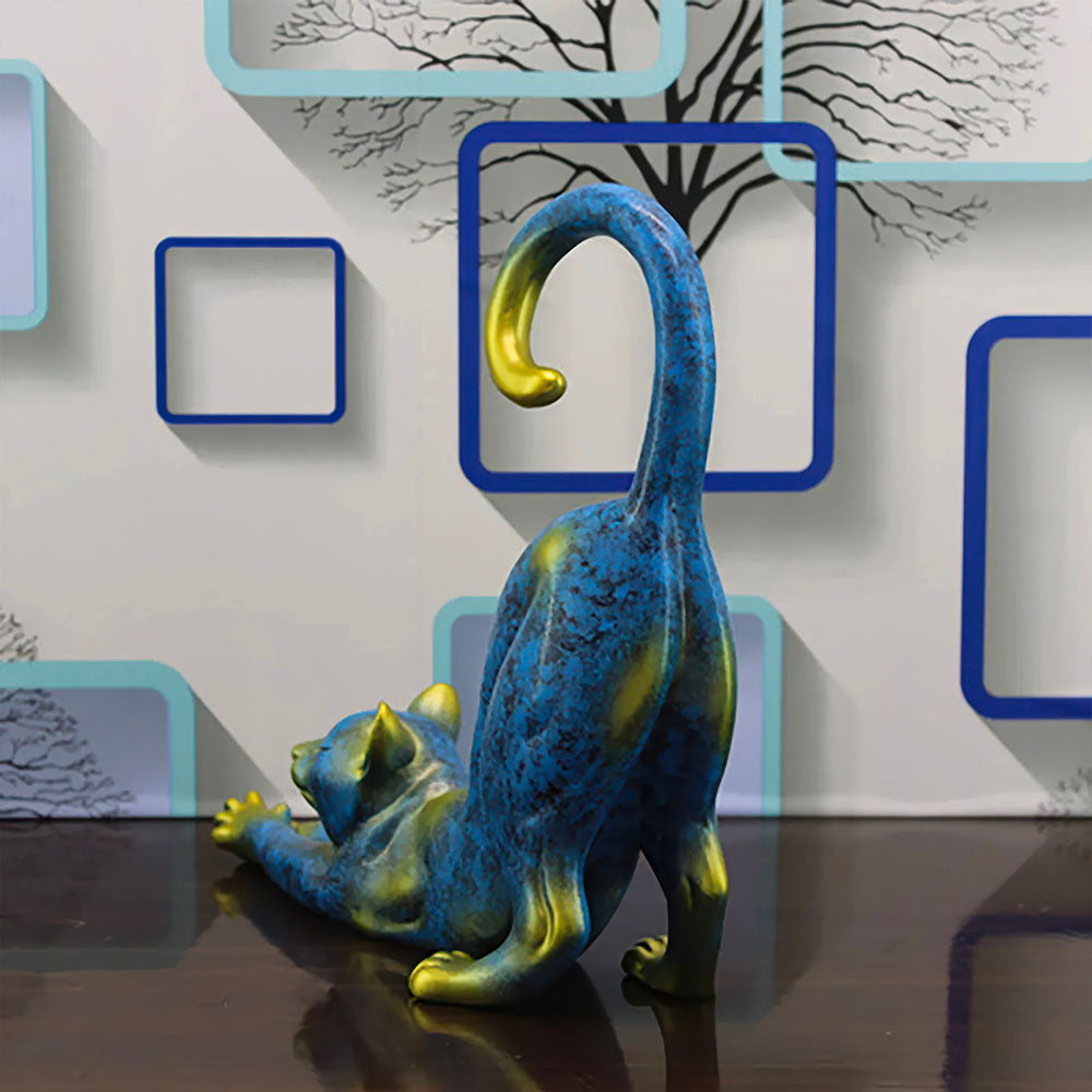 Chat Bleu et Jaune qui s'Etire Statue Moderne 