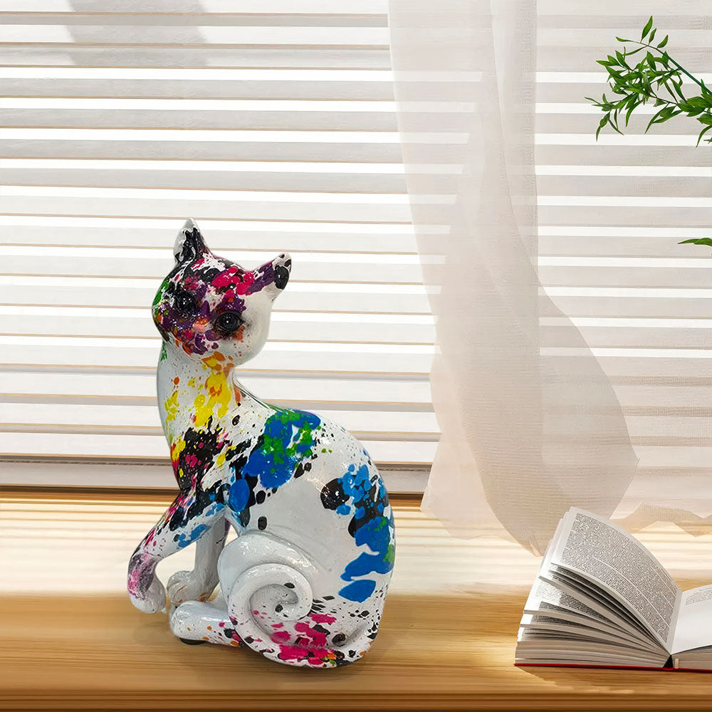Chat Statue Blanc et Multicolore Style Graffiti
