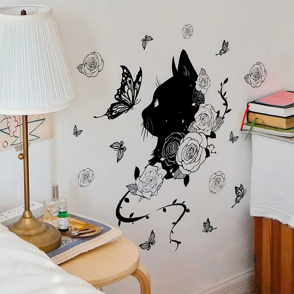 Grand Sticker Chat Noir Roses et Papillons