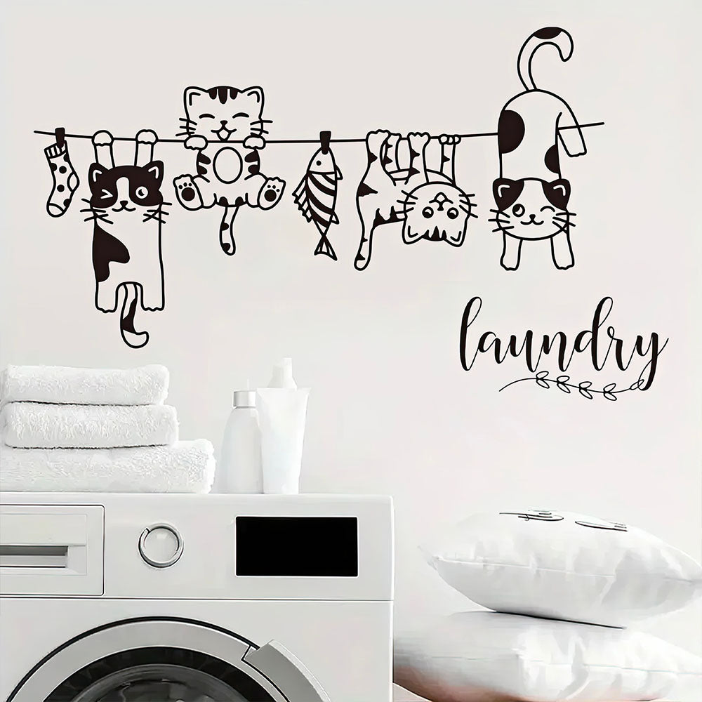 Chats Noirs et Blancs Suspendus à une Corde à Linge Ludique Sticker