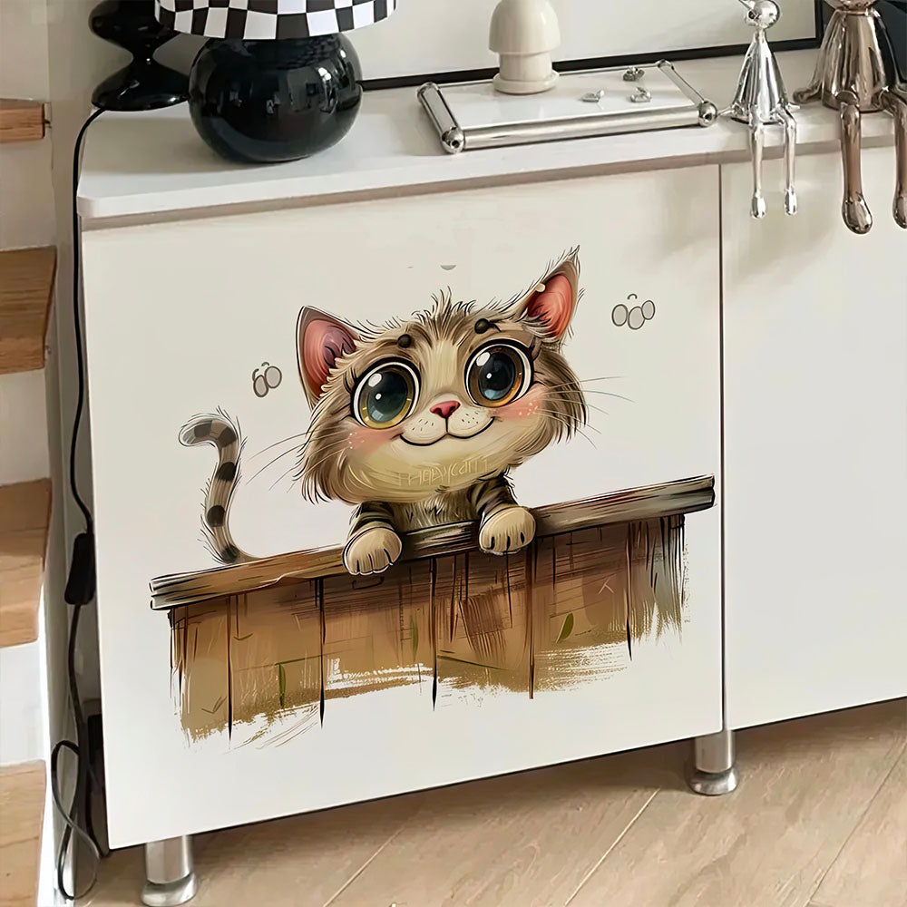 Chat Tigré Souriant Grands Yeux  Stickers Sur un Meuble
